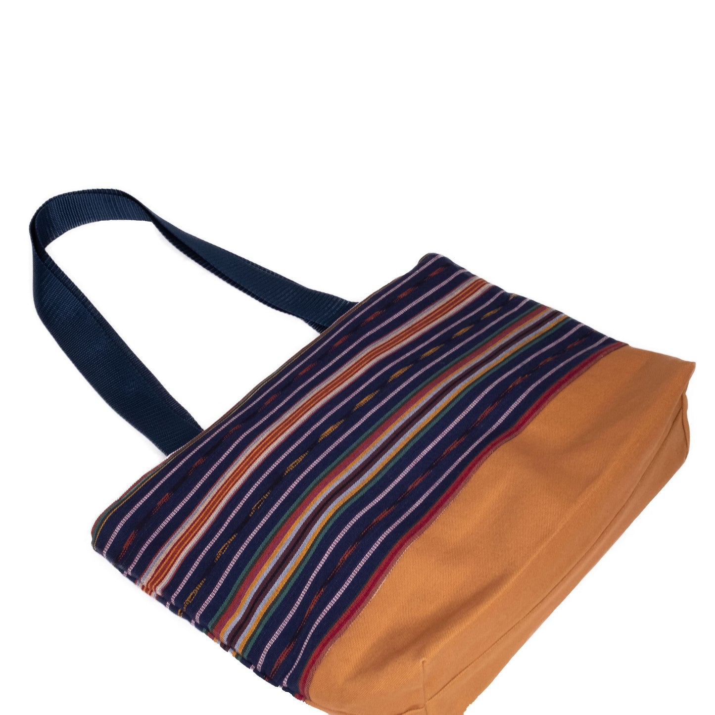 Handmade tote bag in brown featuring multicolored handwoven textiles from Guatemala.