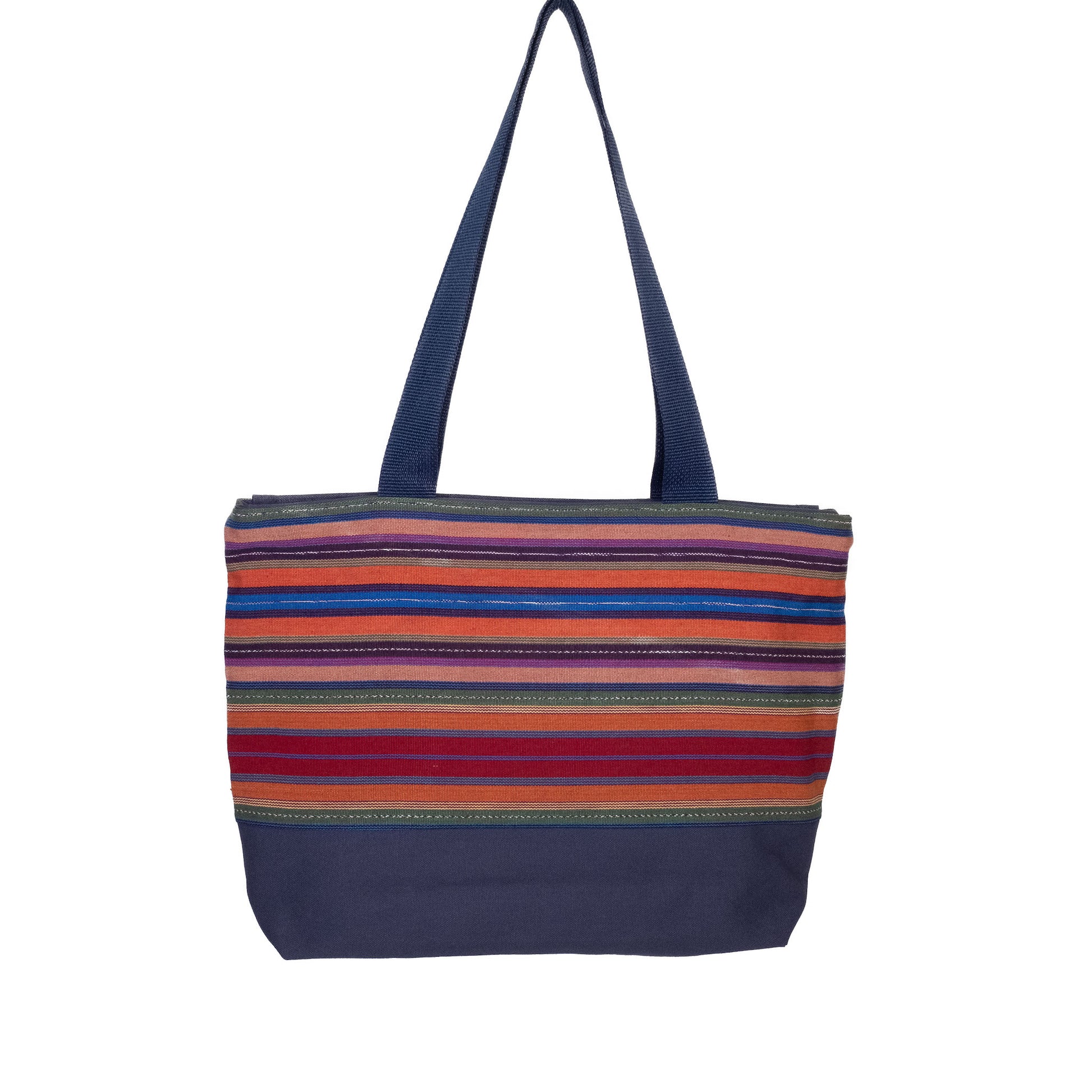 Handmade tote bag in blue featuring multicolored handwoven textiles from Guatemala.