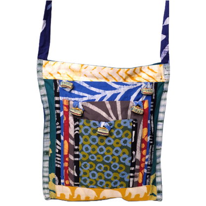 Colorful crossbody bag made from 100% recycled organic cotton and African beads.