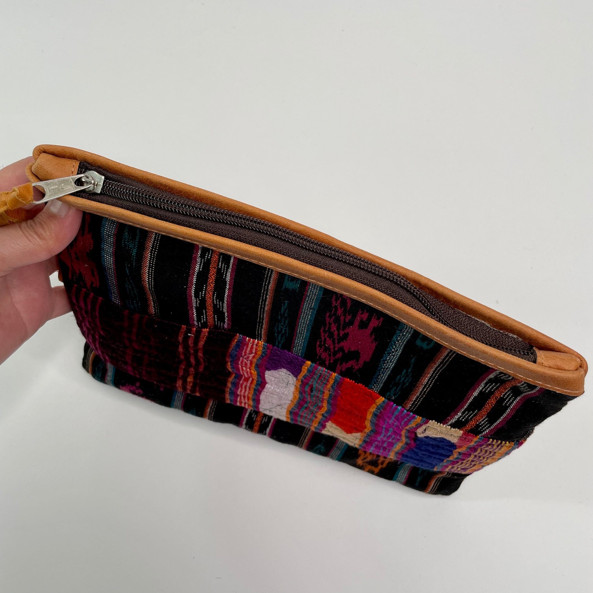 Embroidered Corte Clutch with Leather Trim crafted by hand from repurposed Mayan fabrics.